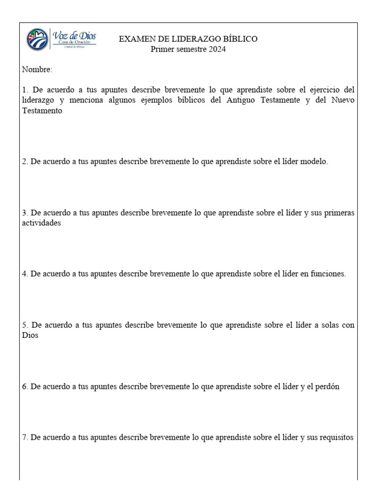 Examen de Liderazgo Bíblico 2024 | PDF | Crecimiento personal y ...