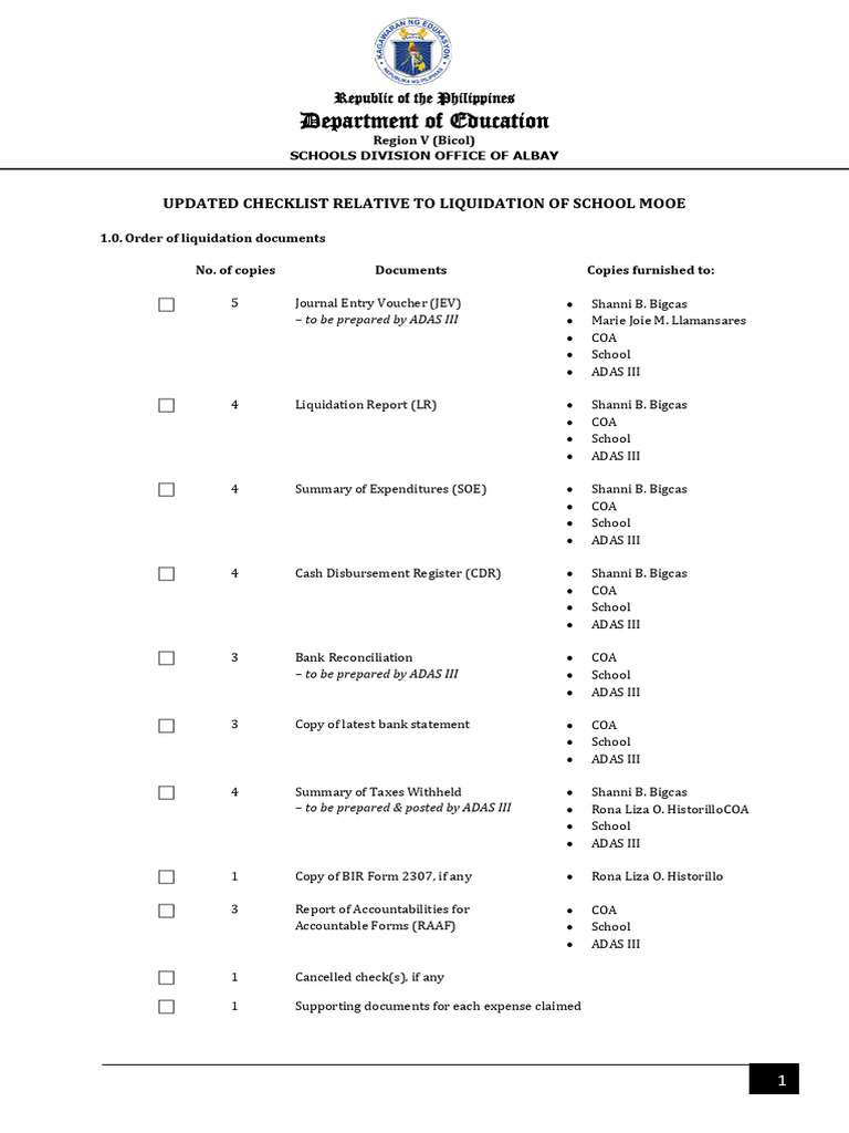 MOOE Liquidation Checklist for Schools | PDF | Procurement | Receipt