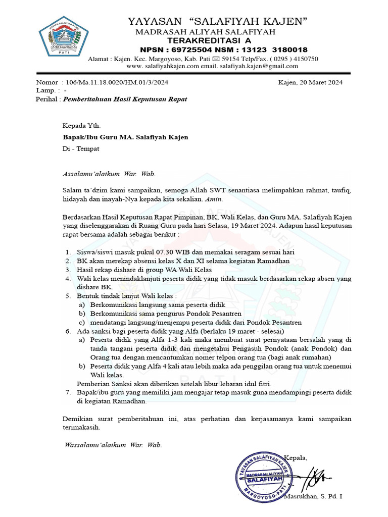 Pemberitahuan Hasil Keputusan Rapat | PDF