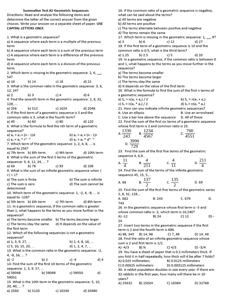 Summative Test 2 Geometric Sequence | PDF | Summation | Mathematical ...