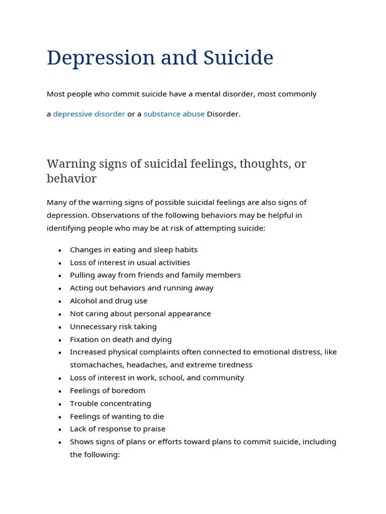 Depression and Suicide: Warning Signs of Suicidal Feelings, Thoughts ...