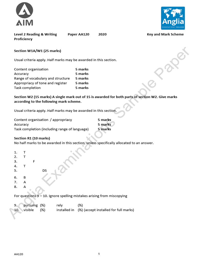 Level 2 Reading & Writing Mark Scheme | PDF