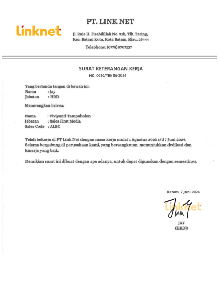 Surat Keterangan Kerja (Paklaring) | PDF