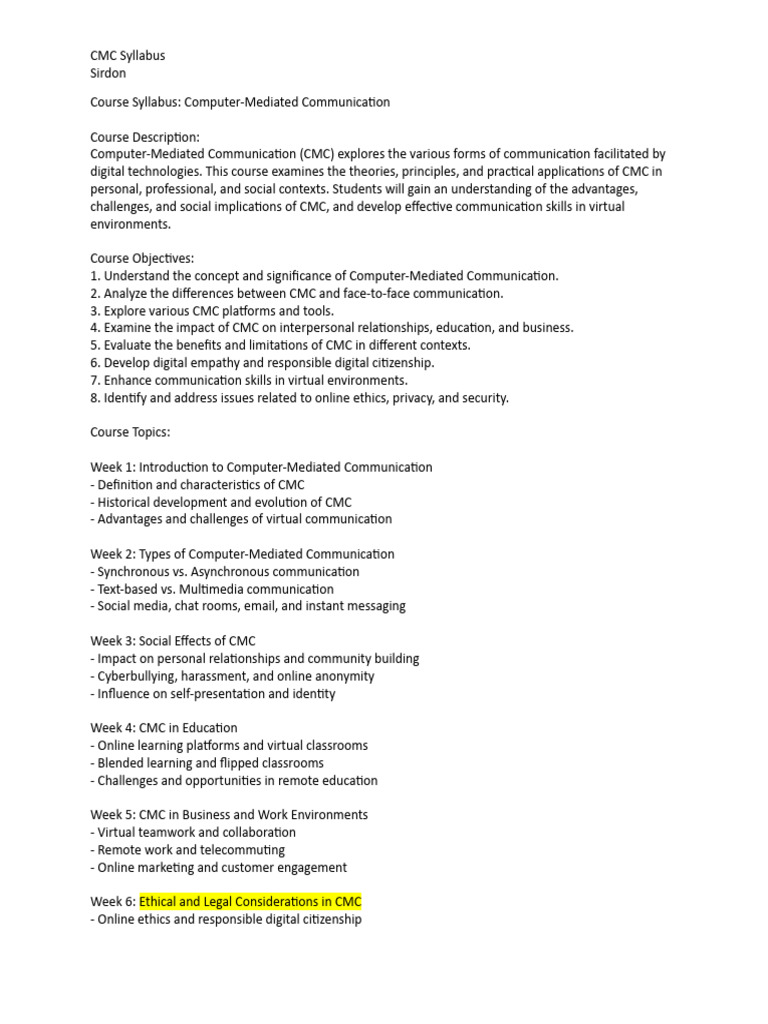 Eng 112 CMC Course Syllabus | PDF | Computer Mediated Communication ...