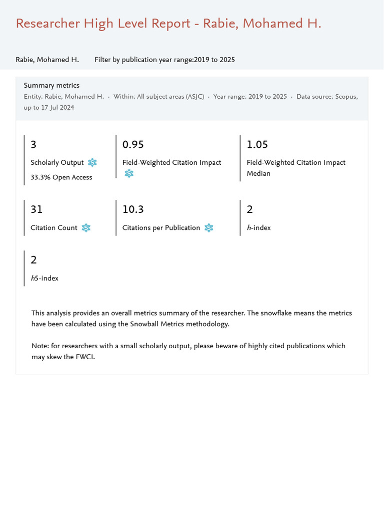 Mohamed H. Rabie Research Metrics | PDF | Citation | Science