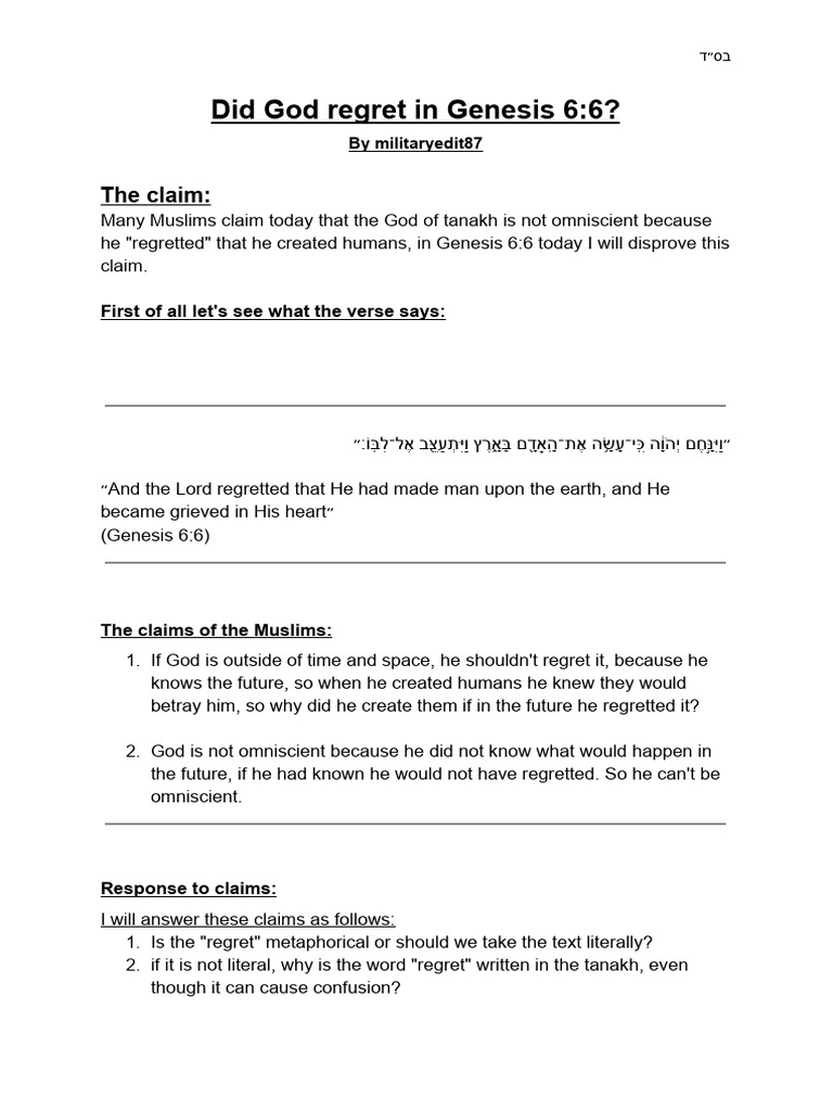 Disproving God's Regret in Genesis 6:6 | PDF | God | Omniscience