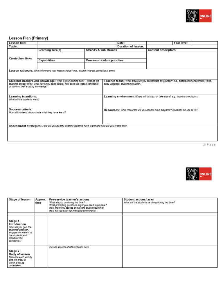 2024 swinburne online primary lesson plan template pdf lesson plan