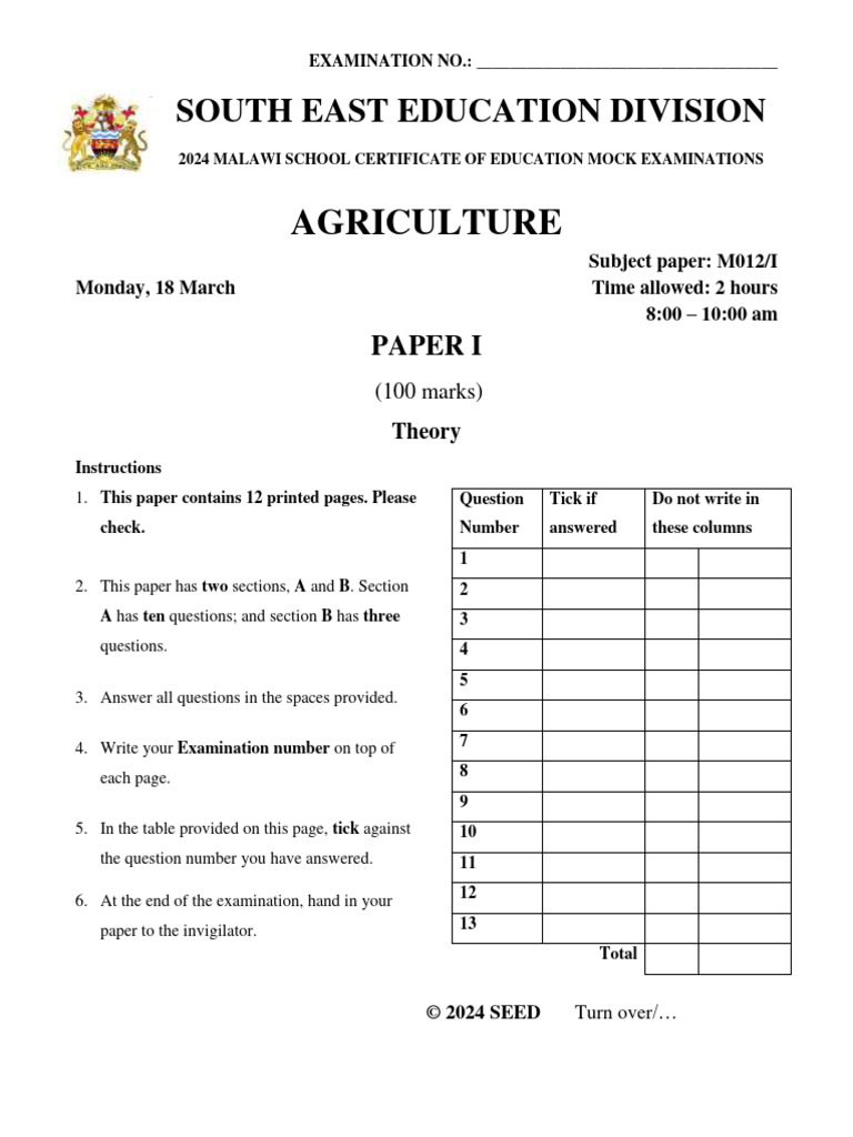 2024 Malawi Agriculture Mock Exam Paper | PDF | Seed | Elasticity ...