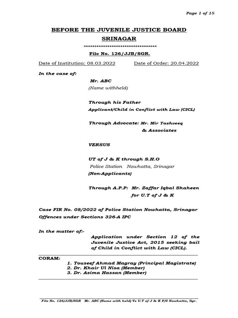 Bail JJB Srinagar Acid Attack Case | PDF | Bail | Crimes