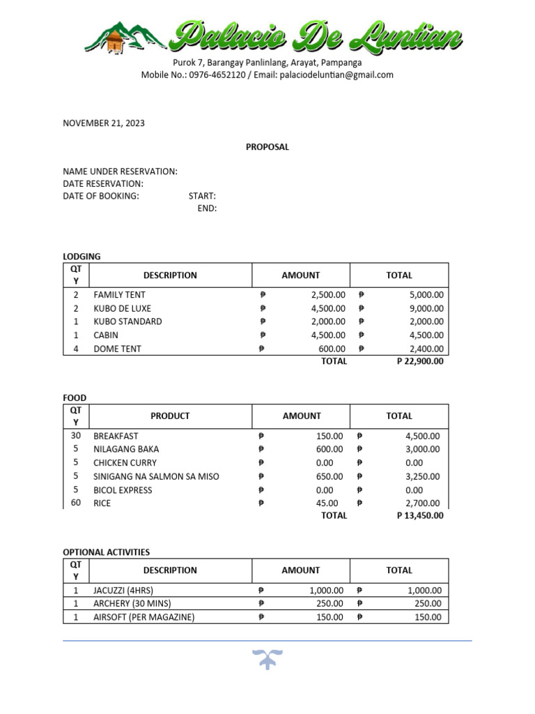 Arayat Pampanga Booking Proposal | PDF | Cooking, Food & Wine