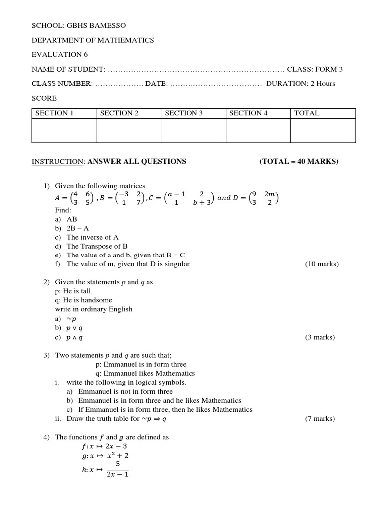 GBHS Bamesso Math Evaluation 6 | PDF | Area | Mathematical Concepts