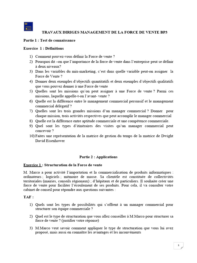 Management de la Force de Vente : TD et Exos | PDF | Sodles