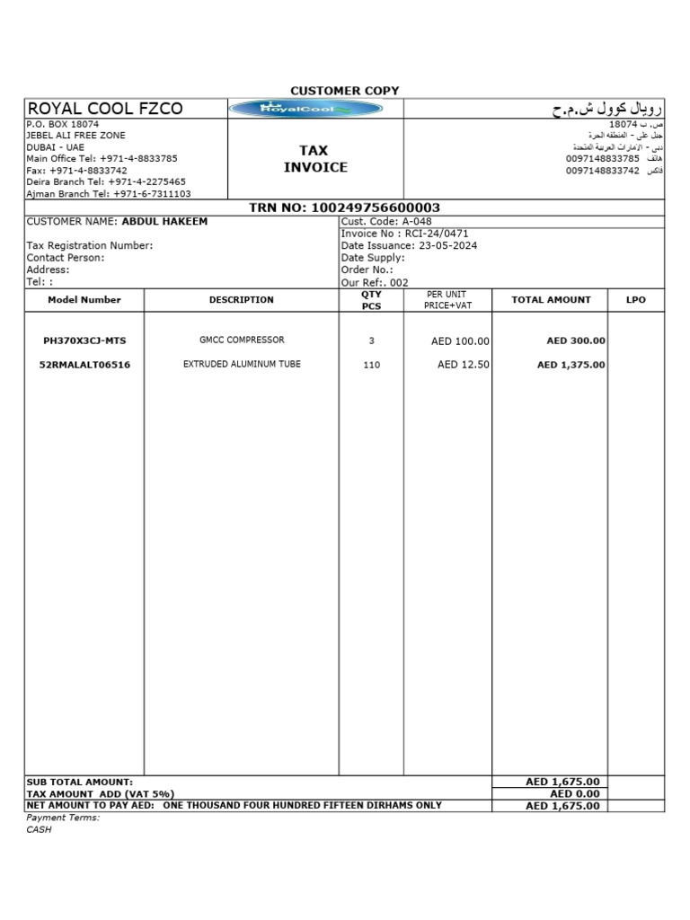 Dubai Tax Invoice for Royal Cool FZCO | PDF