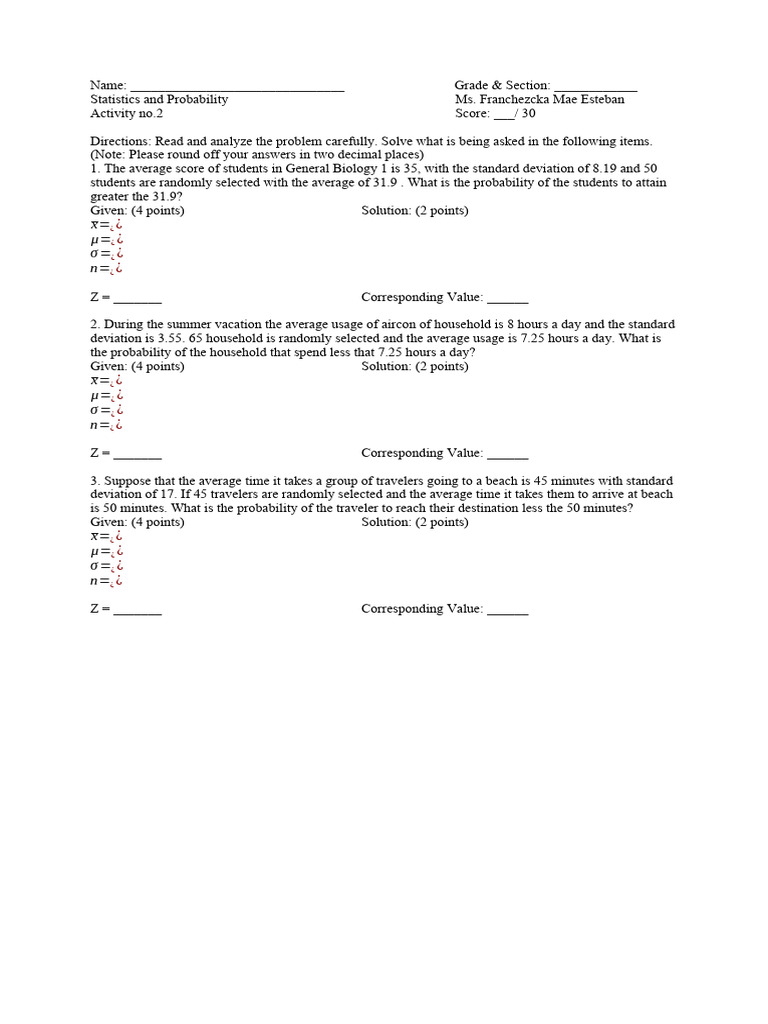 Statistics Probability Activity Worksheet | PDF