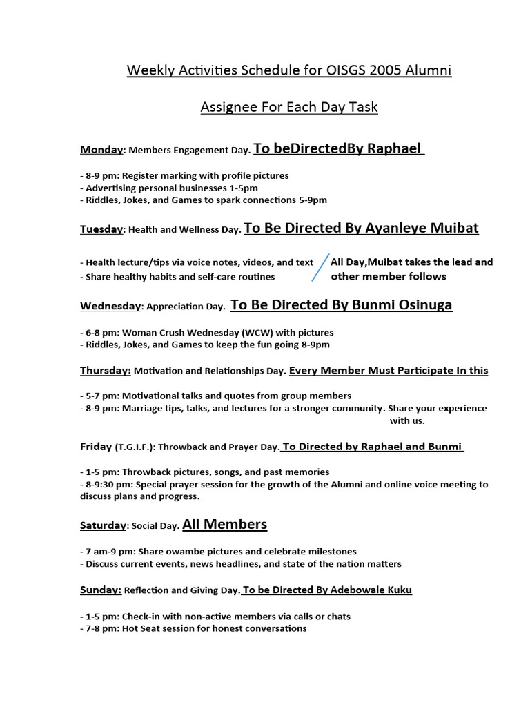 Weekly activities schedule for oisgs 2005 alumni pdf