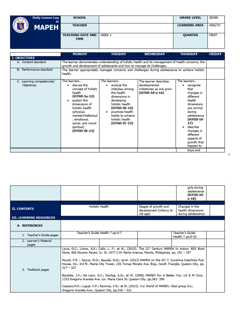 Holistic Health Lesson Plan for Grade 7 | PDF | Adolescence | Puberty