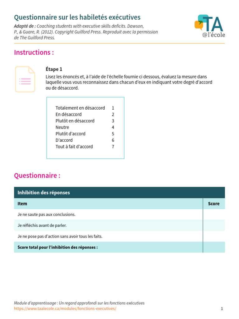 Questionnaire Sur Les Habiletés Exécutives1 | PDF | Mémoire | Métacognition