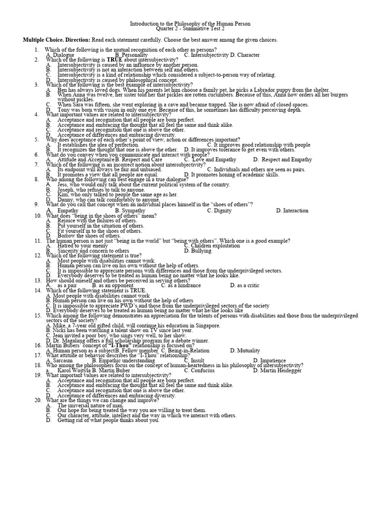 Intersubjectivity and Human Connection Test | PDF | Thought | Social ...