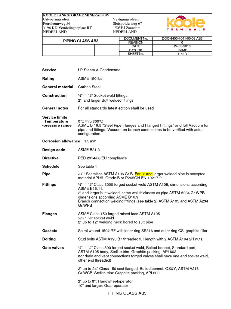 Piping Class AB3 Specifications Document | PDF | Pipe (Fluid Conveyance ...