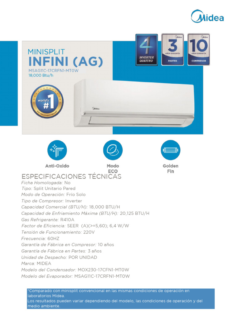 Midea Inifini Mini-Split Specs 18,000 BTU | PDF | Building Technology ...