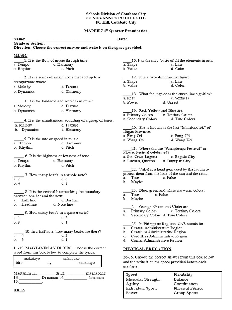 MAPEH 7 4th Quarter Exam Guide | PDF | Emotions