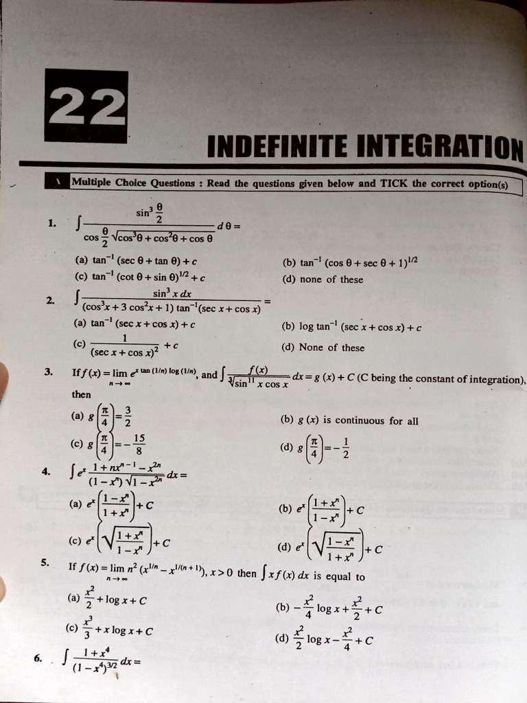 Indefinite Integration MCQs | PDF | Mathematical Physics | Area
