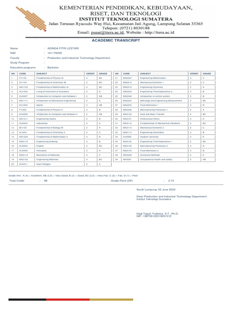 Transkrip 121170029 | PDF | Engineering | Mechanical Engineering