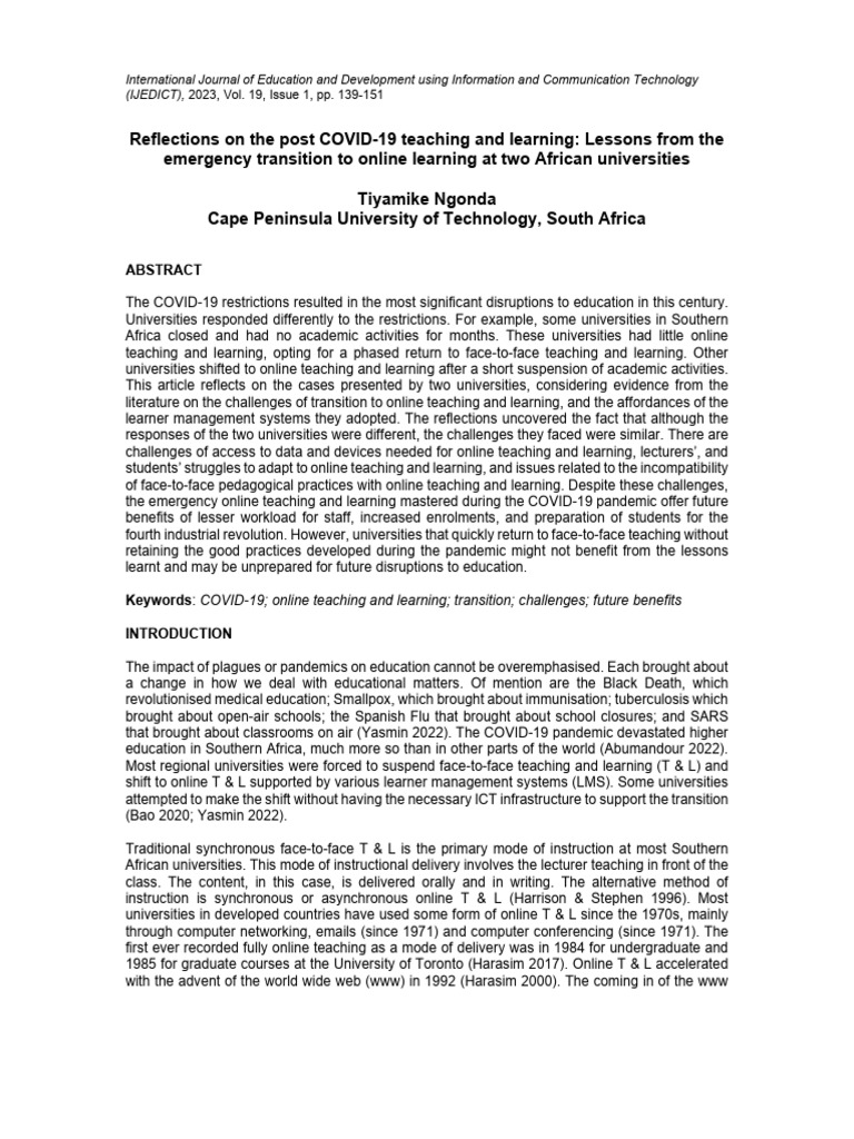 Reflections On The Post Covid 19 Teaching And Learning Lessons From