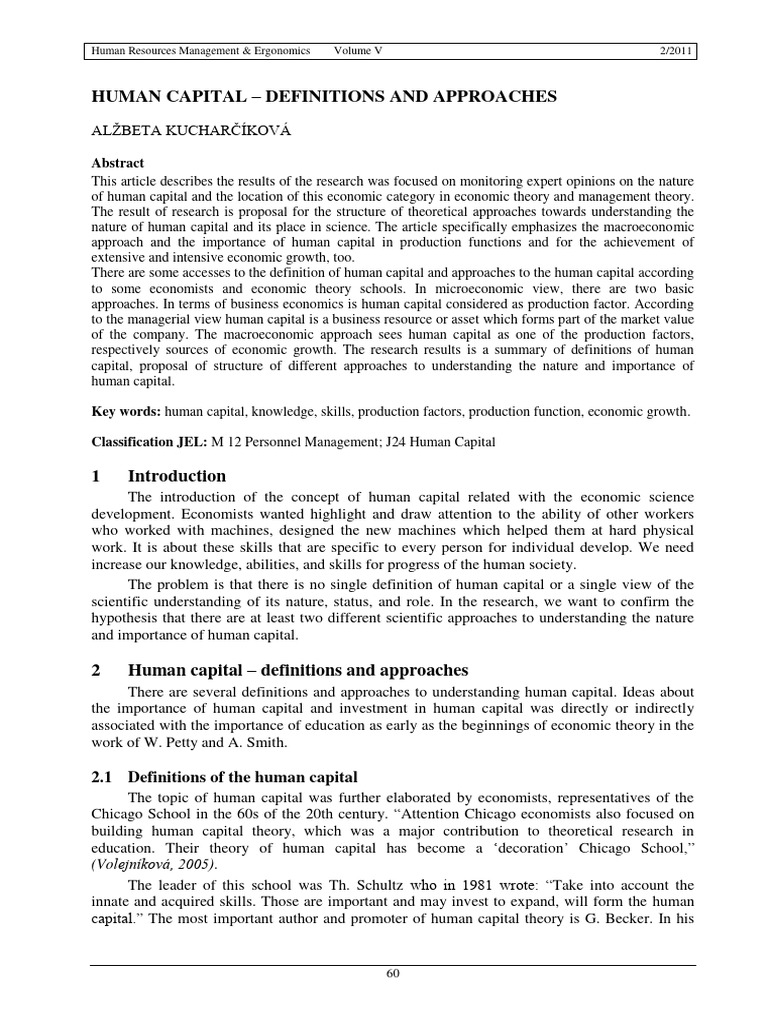 Human Capital - Definitions and Approaches | PDF | Economic Growth ...