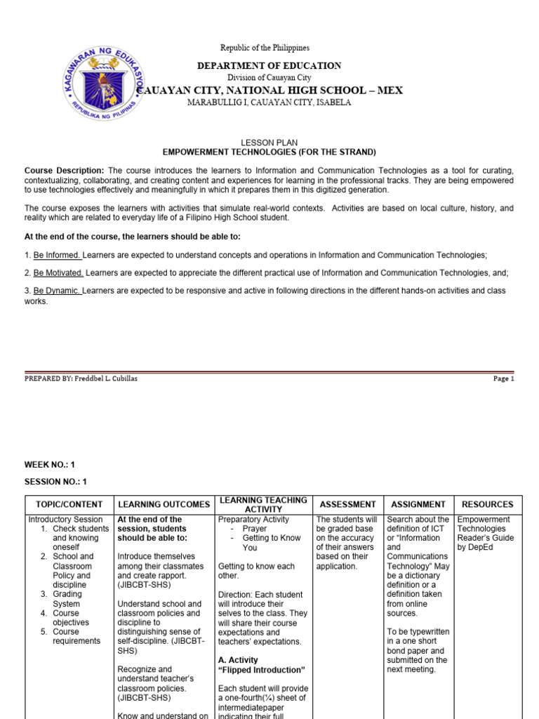 Empowerment Technologies Lesson Plan | PDF | Educational Technology ...