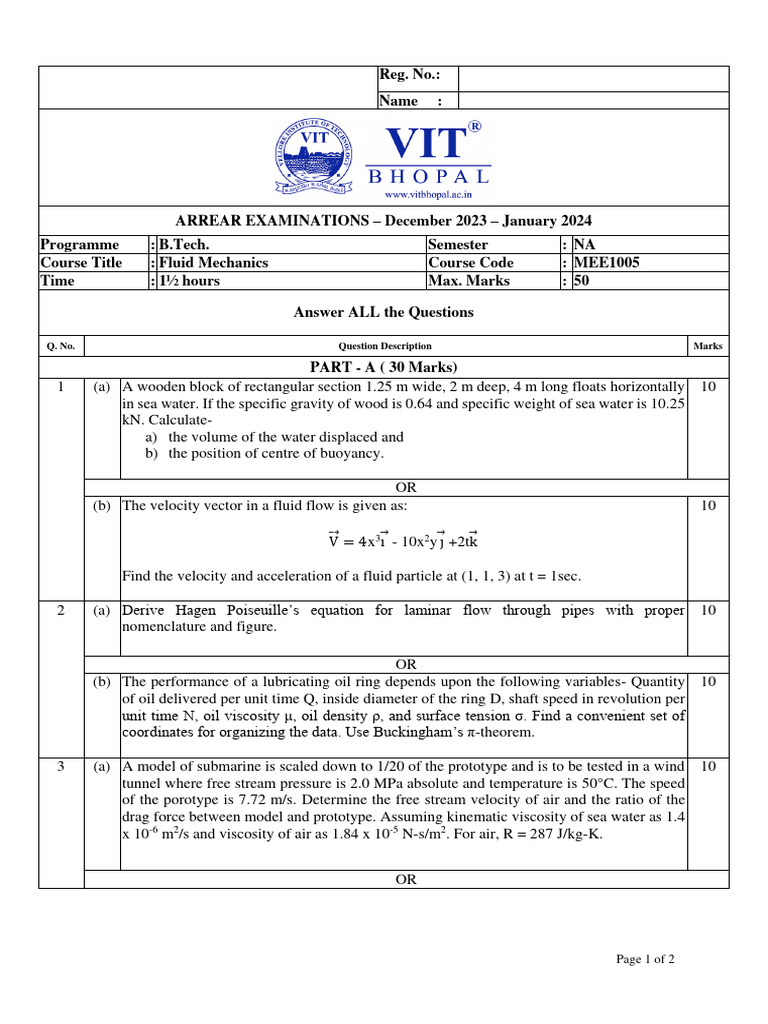 MEE1005 - Fluid Mechanics | PDF | Boundary Layer | Viscosity