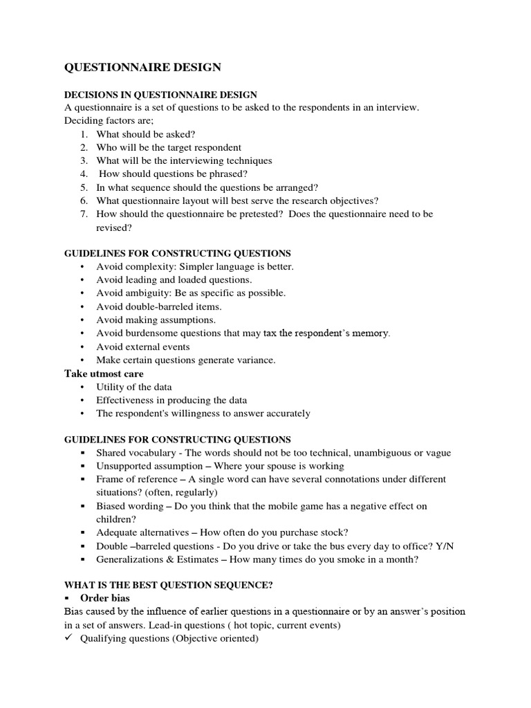 Questionnaire Design PDF Questionnaire Survey Methodology