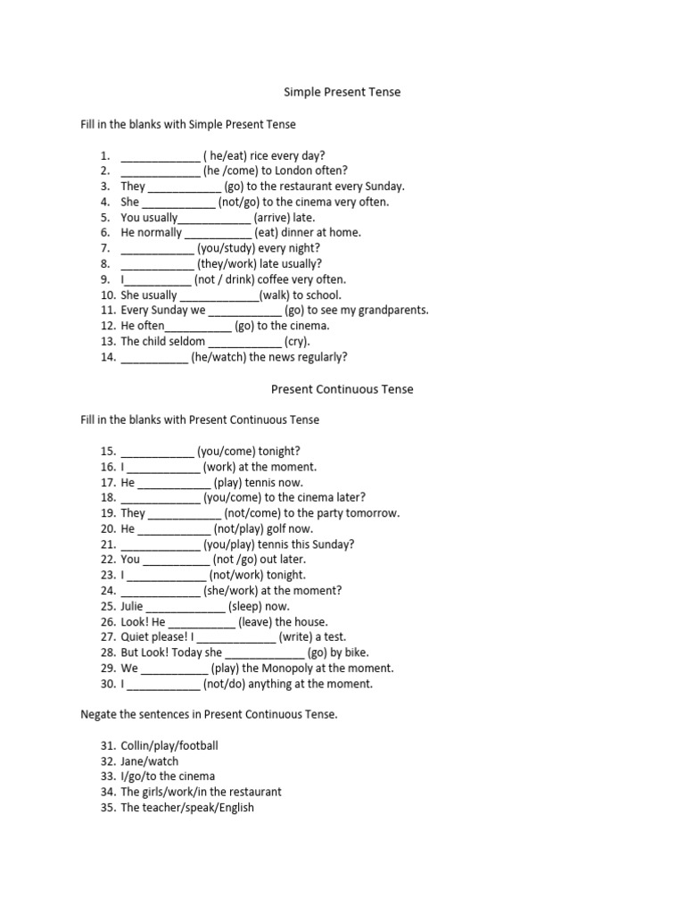 Simple Present and Present Continuous Exercises | PDF | Verb