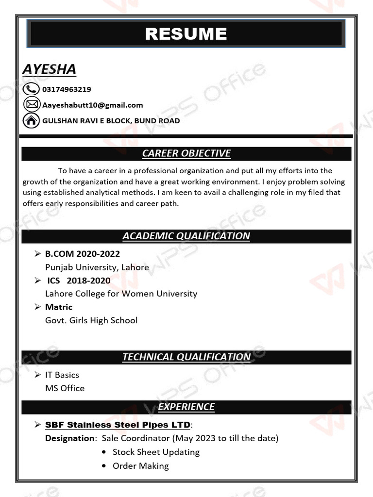 Ayesha's Professional Resume 2023 | PDF
