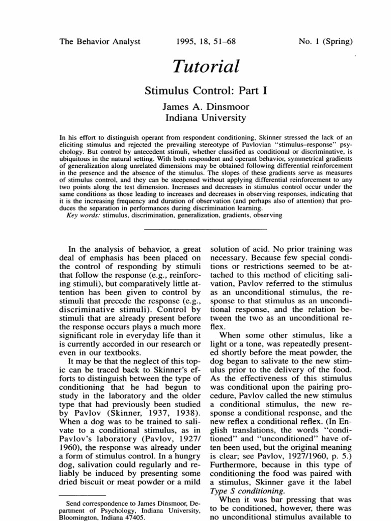 Dinsmoor, J. A. (1995) Stimulus Control Part I PDF Classical