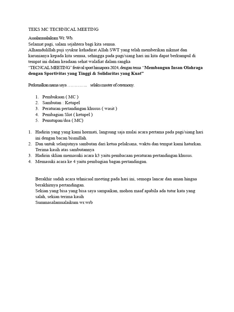 Teks MC untuk Technical Meeting 2024 | PDF