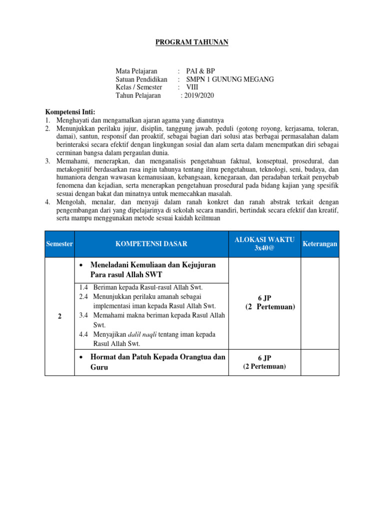 Program Tahunan PAI SMPN 1 Gunung Megang | PDF | Kesehatan Holistik