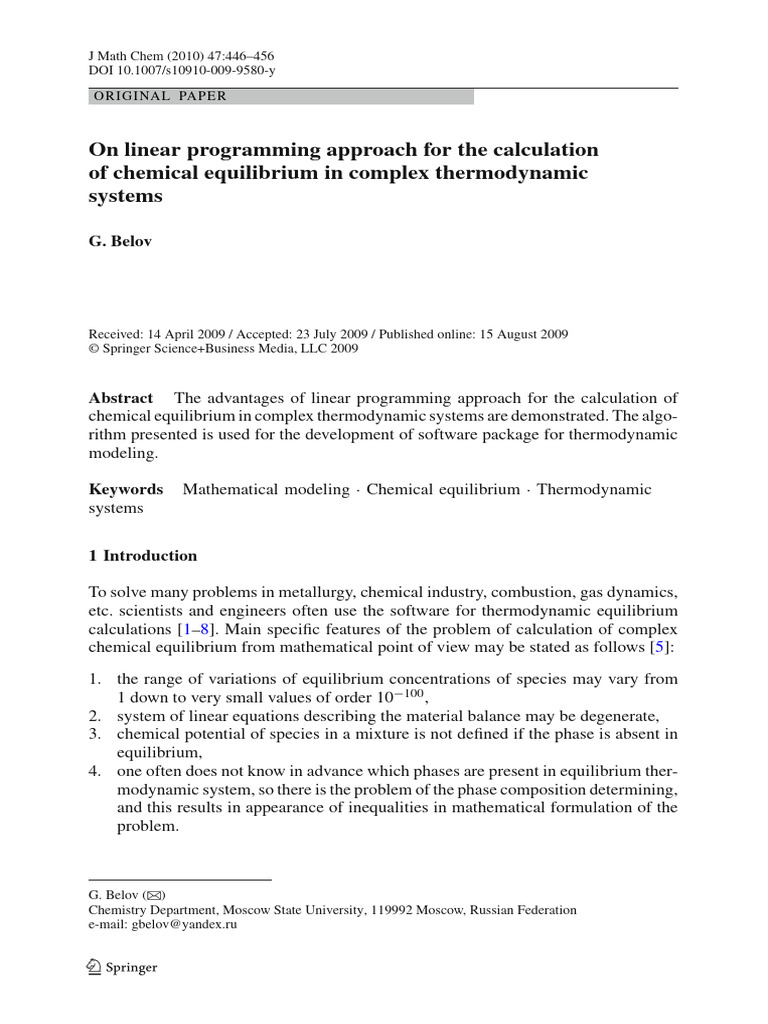 On Linear Programming Approach For The Calculation of Chemical ...