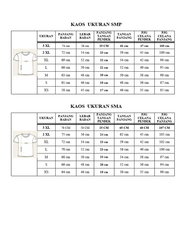 Ukuran Kaos Olahraga SMP dan SMA | PDF