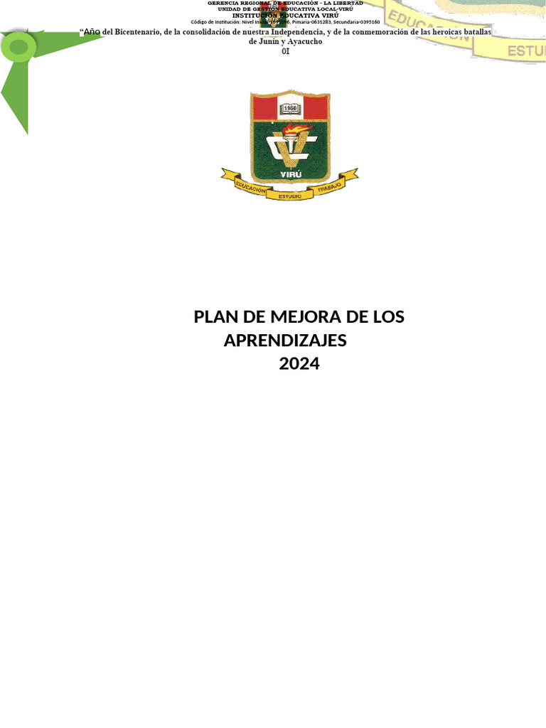 Plan de Mejora de Aprendizajes 2024 Virú | PDF | Enseñando | Aprendizaje