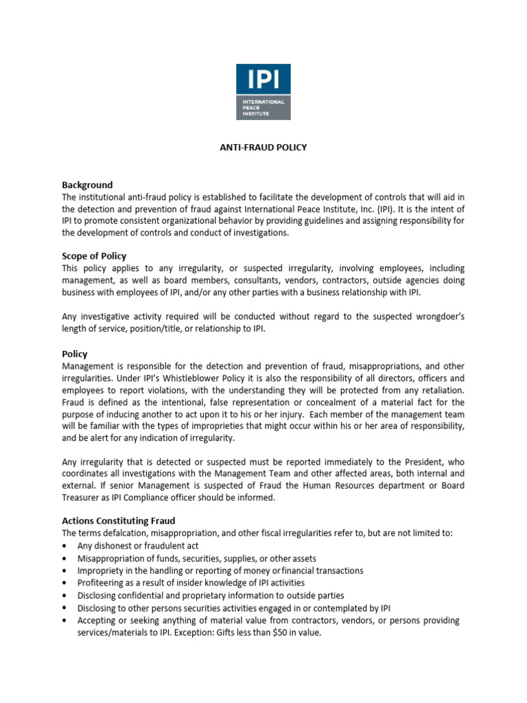 Anti-Fraud Policy for IPI | PDF | Fraud | Human Resources