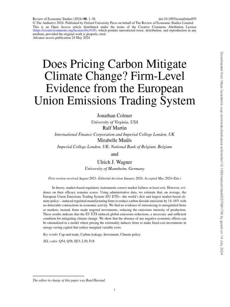 Colmer et al 2024 does pricing carbon mitigate climate change firm
