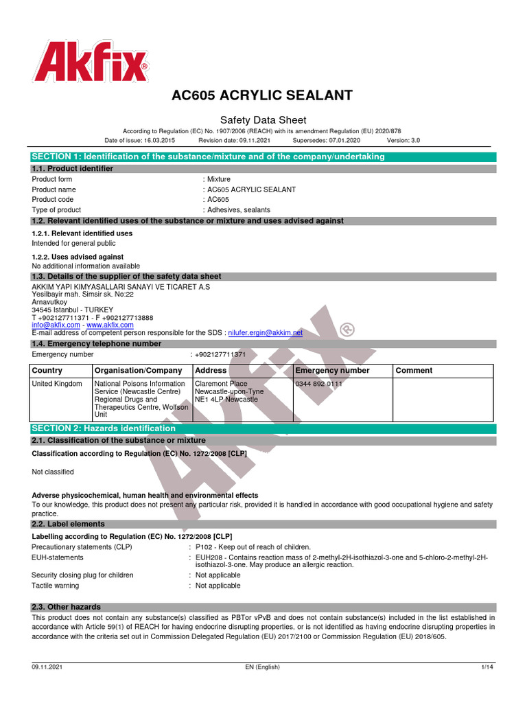 AC605-Acrylic-Sealant-310ml-SDS Akfix | PDF | Occupational Safety And ...