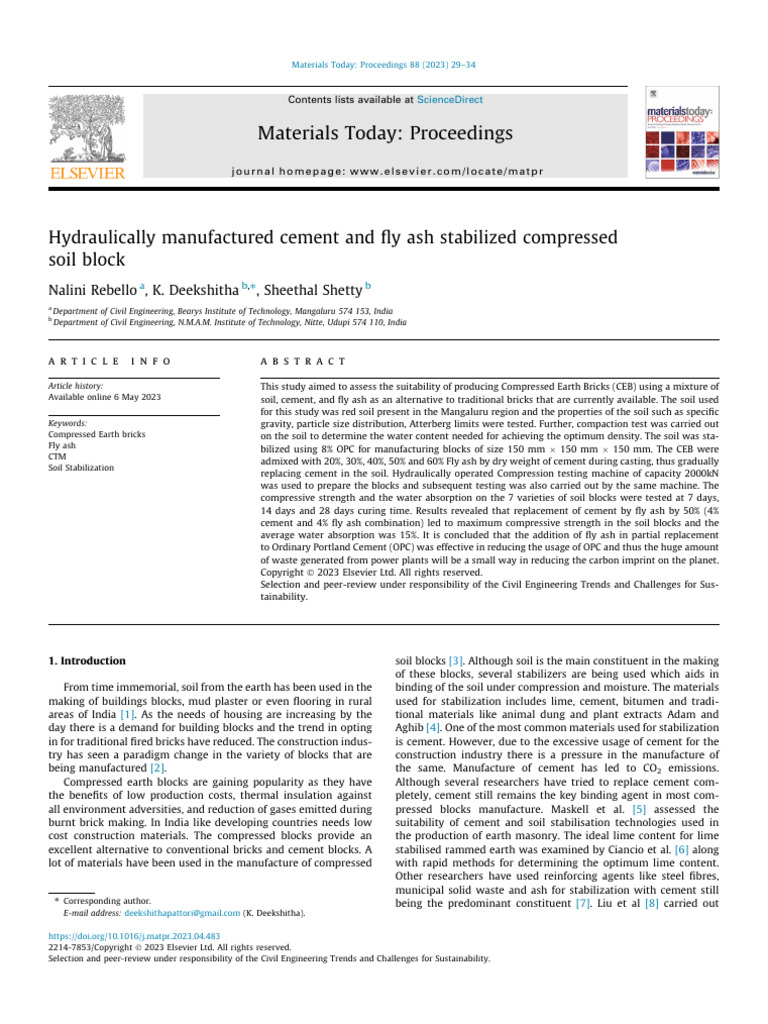 Hydraulically Manufactured Cement and Fly Ash Stabilized Compressed ...