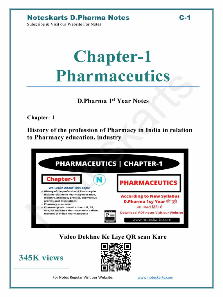 Chapter 1 Pharmaceutics Complete Notes by Noteskarts Acc To ER20 | PDF