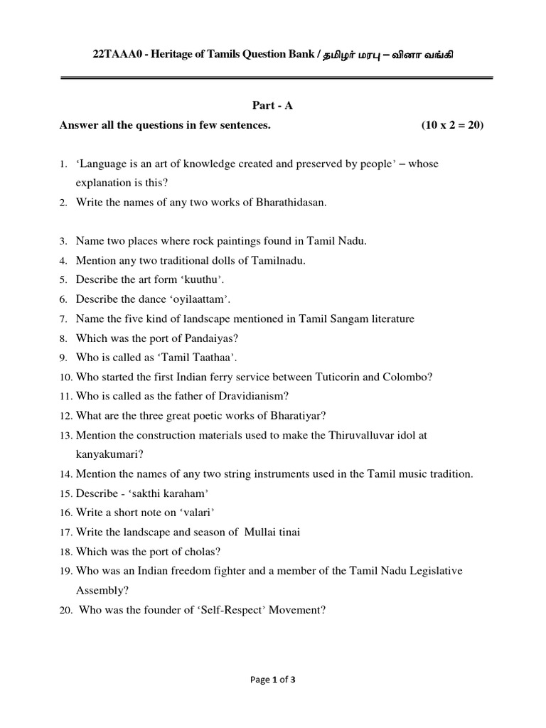 Tamil Heritage Question Bank | PDF | Tamils | Tamil Language