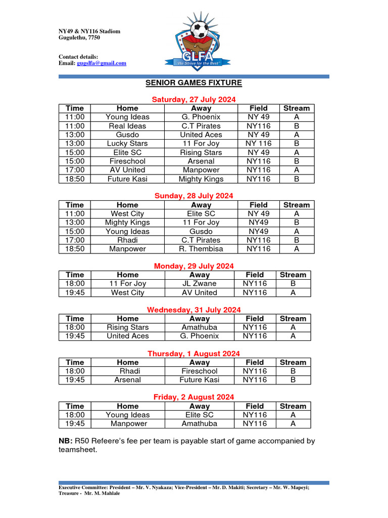 Senior Games Fixture July 2024 | PDF
