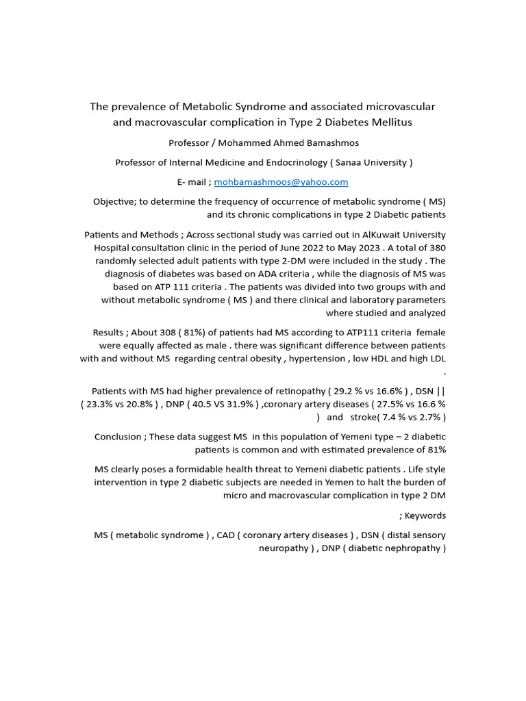 Metabolic Syndrome in Yemeni Diabetics | PDF | Diabetes | Metabolic ...