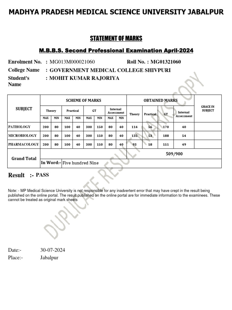 MPMSU MBBS 2nd Year Marks Statement | PDF