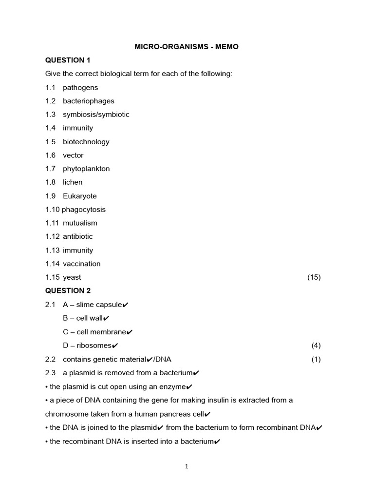 Micro-Organisms Revision Questions 2024 - Memo | PDF | Plasmid | Bacteria